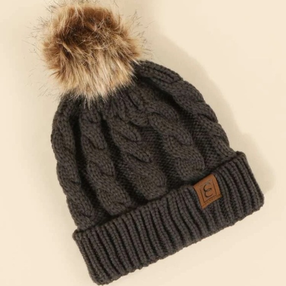 Accessories - Dark Grey Knit Beanie with Pom Pom